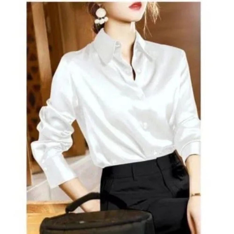 (white, XXL) Imitation Silk Long Sleeve Shirt for Women&apos;s Spring Autumn Satin Blouse Office Lapel Button Up Shirt White Black