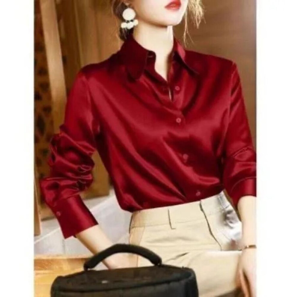 (wine red, L) Imitation Silk Long Sleeve Shirt For Women&apos;s Spring Autumn Satin Blouse Office Lapel Button Up Shirt White Black