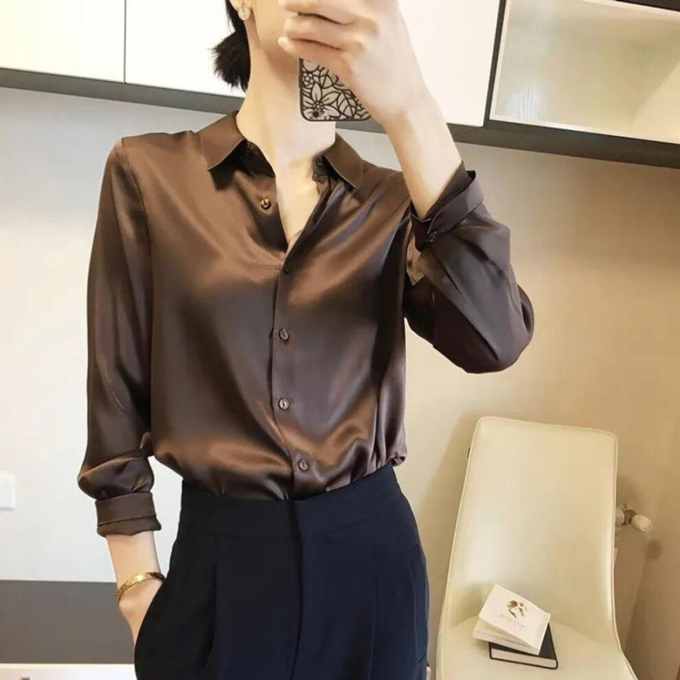 (coffee, L) Imitation Silk Long Sleeve Shirt For Women&apos;s Spring Autumn Satin Blouse Office Lapel Button Up Shirt White Black