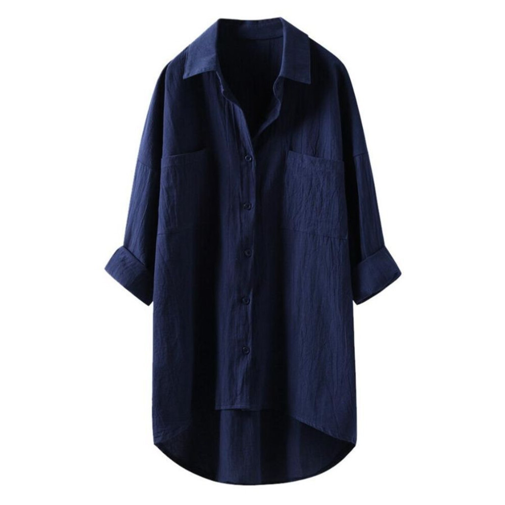 (navy blue, 4XL) Spring Long Sleeve Plus Size Blouses Women&apos;s Cotton Blouse Shirt Ladies Lapel Loose Plus Size Top Vintage