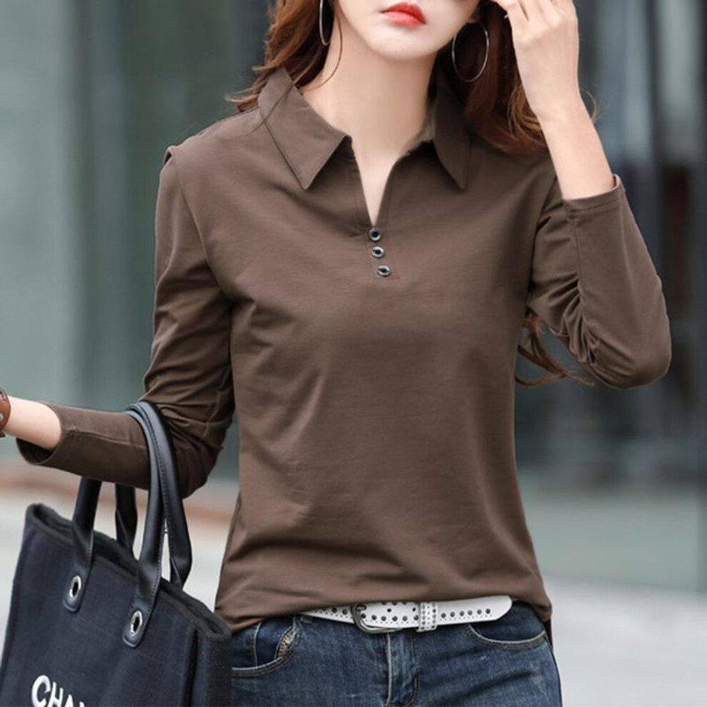 (coffee, XXXL) Cotton T Shirt Office Woman Spring Casual Long Sleeve Lapel T-shirt Autumn Loose Korean Style Plus Size Female Shirts
