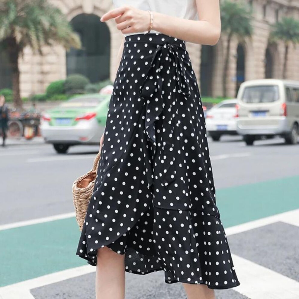 (black, One Size) Summer Fashion Wrap Skirt Women Casual Chiffon One-piece Lace-up High Waist Irregular Ruffle Loose Polka Dot Skirts