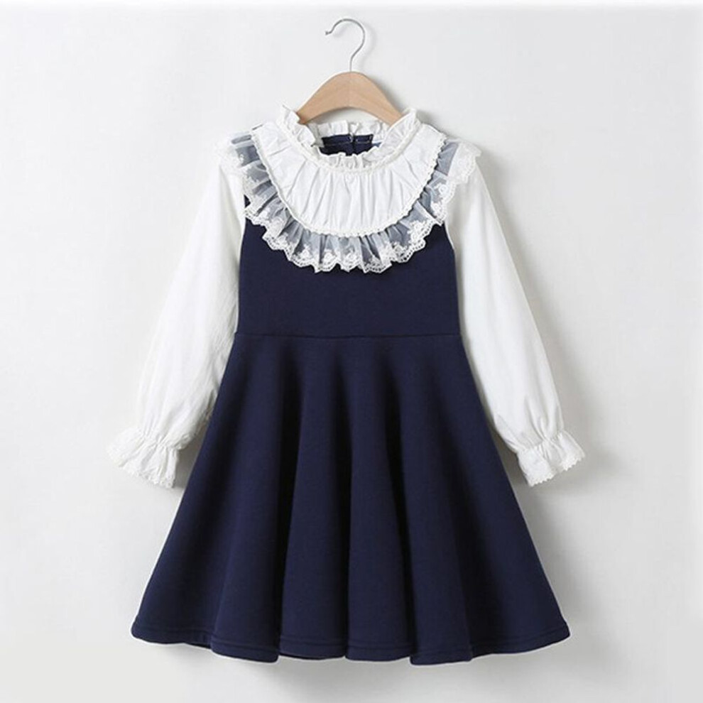(dark blue, 150) Children Clothing Girls Long Sleeved Lace Dress Preppy Style Princess Dresses For 4-13 Years Old Student School Uniform Dress