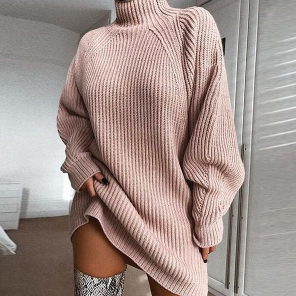 (pink, XXL) New Autumn And Winter Women&apos;s Sweaters Mid-length Raglan Sleeves Half Turtleneck Women&apos;s Sweater Dress