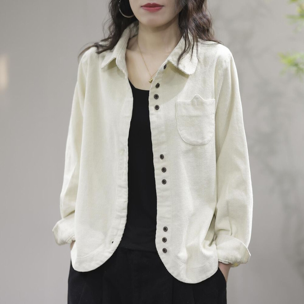 (white, 3XL) Plus-size Women's Corduroy Blazer with Turn Down Collar