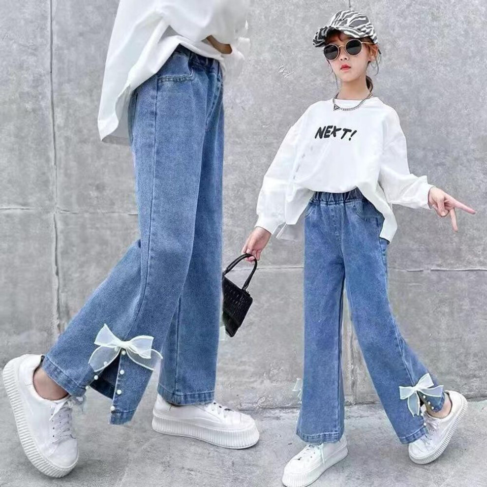 (as the picture, 140) Girls Stretch Jeans Cartoon Print Pants 2024 Spring Summer Children Clothes Casual Trousers Flower Bell Bottoms