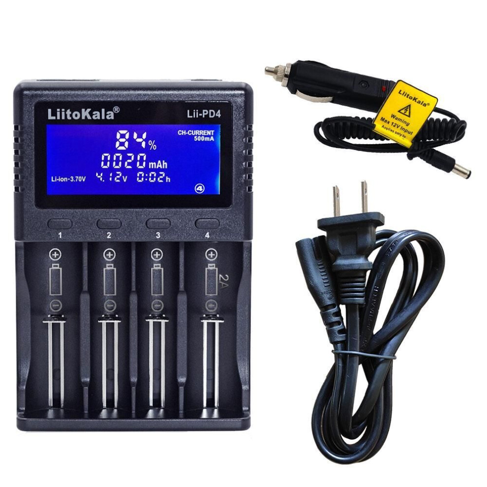 (US plug & Car adapter) Liitokala Lii-pd4 Lcd Nimh Liion Battery  2a Output Charger For 3.7v 18650  21700 26650 1.2v Aa Aaa