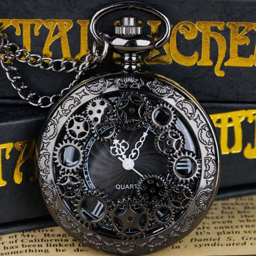 (black, Arabic numerals) Steampunk Copper Vintage Hollow Gear Hollow Quartz Pocket Watch Necklace Pendant Clock Chain Men Women