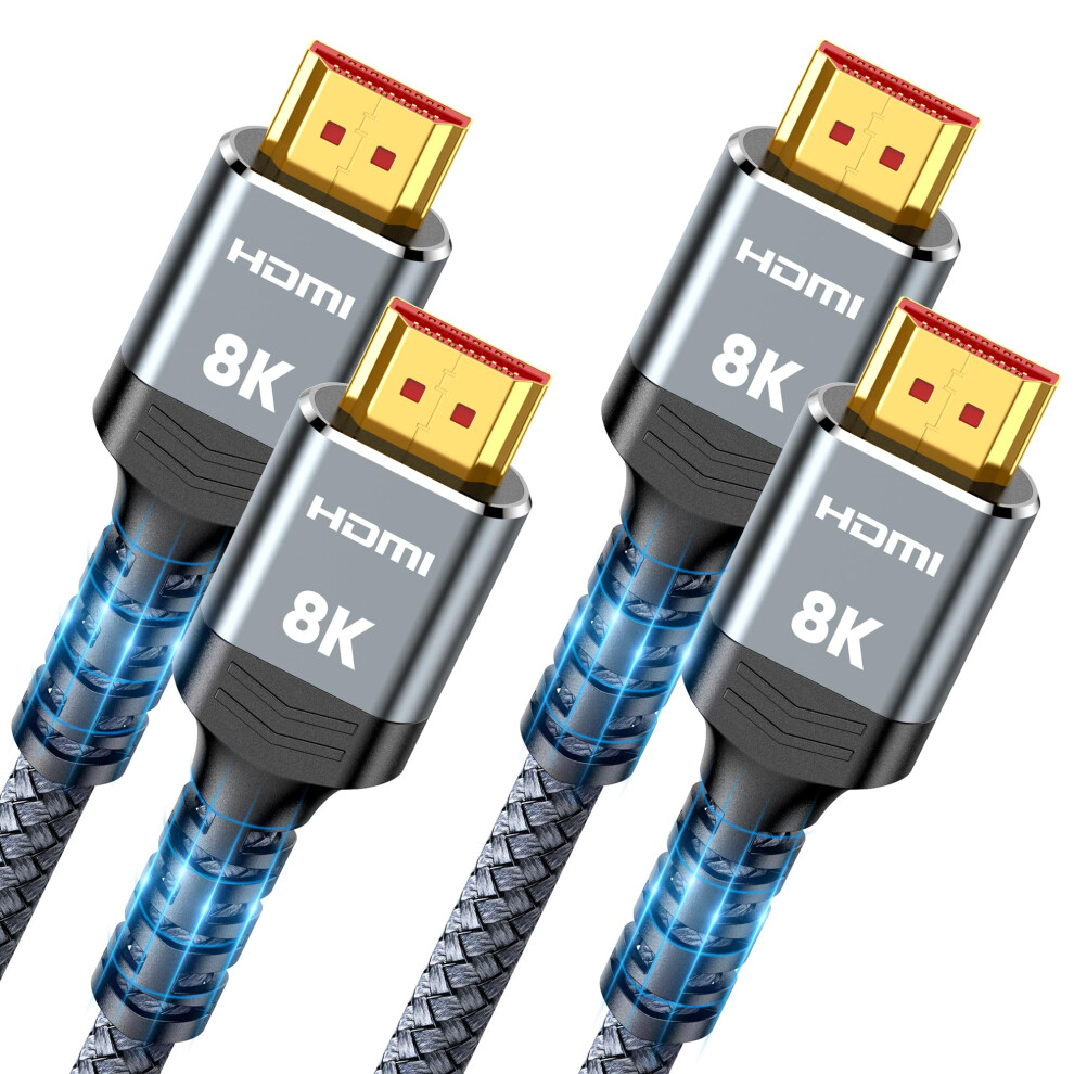Highwings 8K Hdmi-Kabel 2.1 - 10 Ft / 3 M 2-Pak, 48 Gbps, Nylonflettet, 8K60Hz 3D, 4K120/144 Hz, Earc HDR10, 4:4:4, Hdcp 2.2/2.3-image