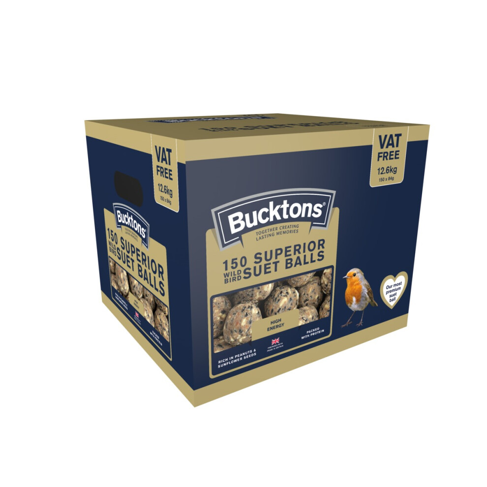 Bucktons 150 Superior Wild Bird Suet Balls - Made in Britain, Protein-Packed Fat Balls with Peanuts & Sunflowers for Garden Birds