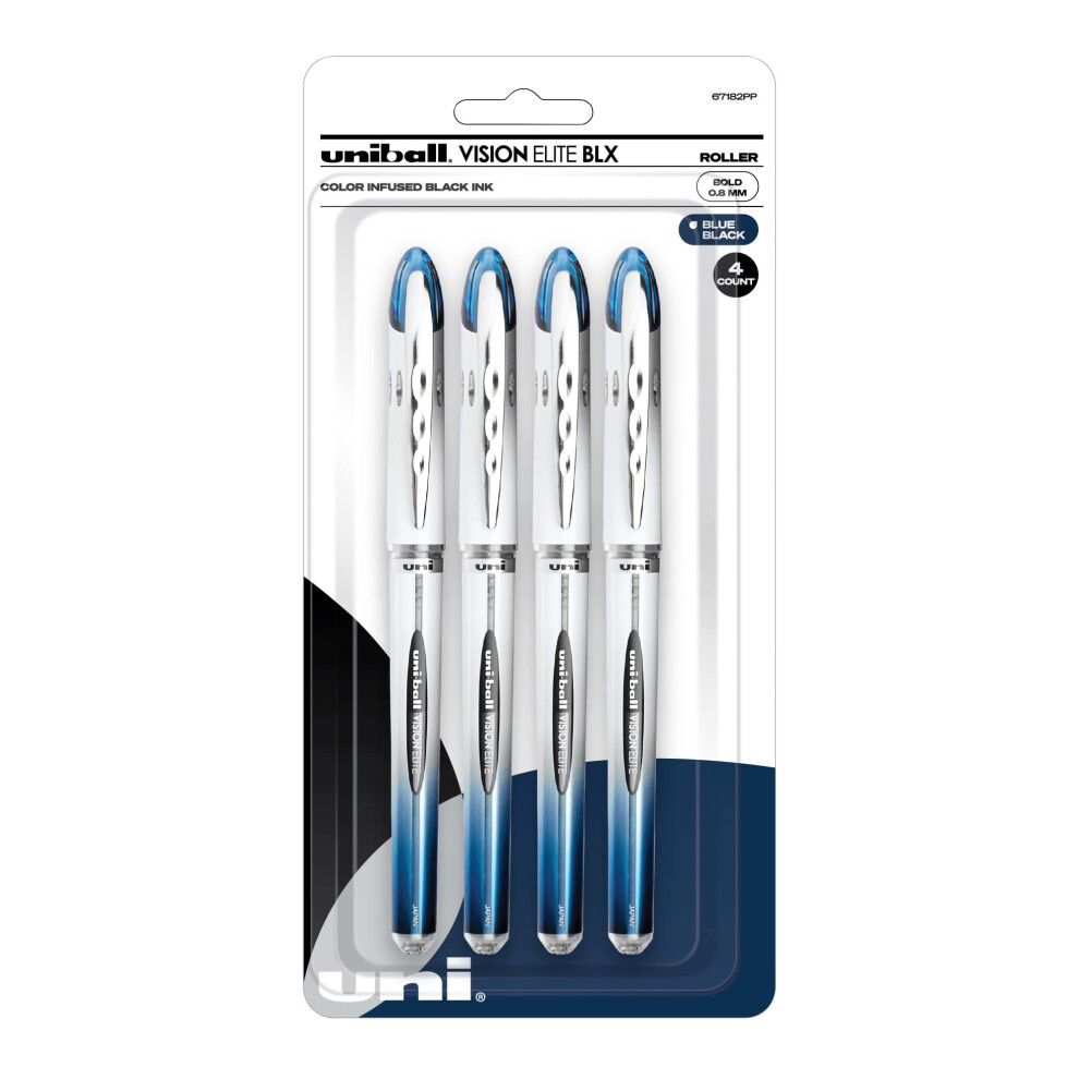 uni-ball Vision Elite Liquid Ink Rollerball Pen  Bold Point  0.8 mm  Silver Barrels  Blue/Black Ink