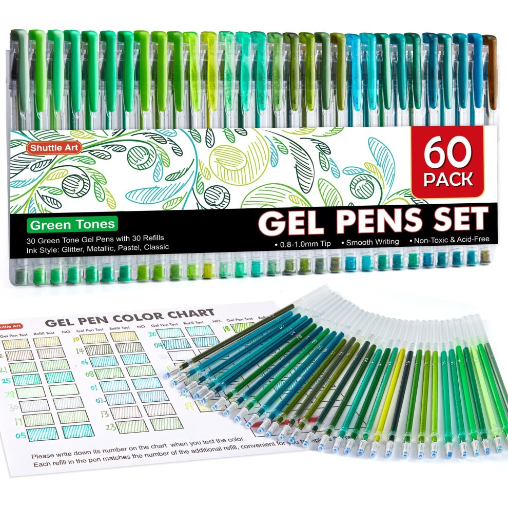Shuttle Art 60 Pack Green Tone Gel Pens, 30 Green Tone Gel Pens with 30 Refills for Adults Coloring Books Journaling Drawing Nature, Landscapes, Anim