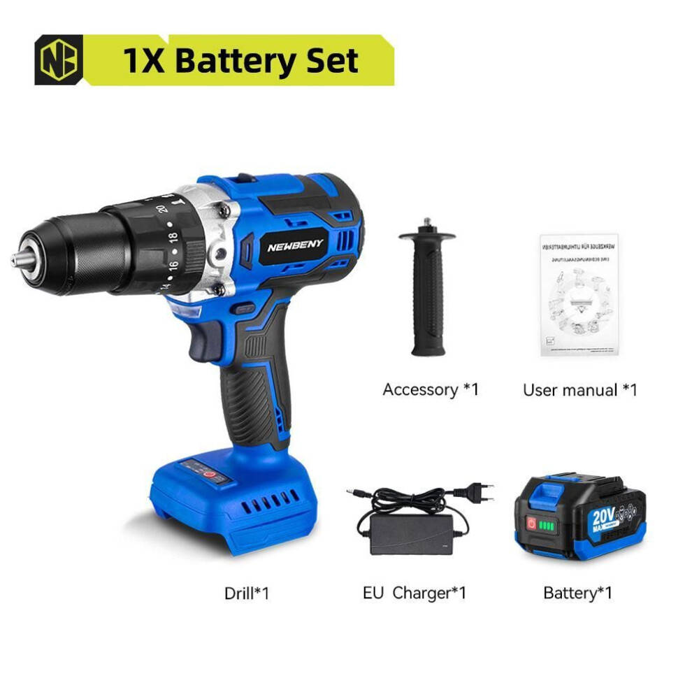 (2xBattery-EU Plug) Newbeny 500nm 13mm Brushless Electric Drill 20+3 Torque Cordless Electric Screwdriver Power Tools For Makita 18v Battery