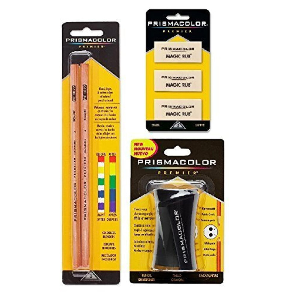 Prismacolor Premier Accessory Set, Includes Colorless Blender Pencils (2 Piece), Premier Pencil Sharpener(1 Piece) & Magic Rub Erasers (3 Piece)