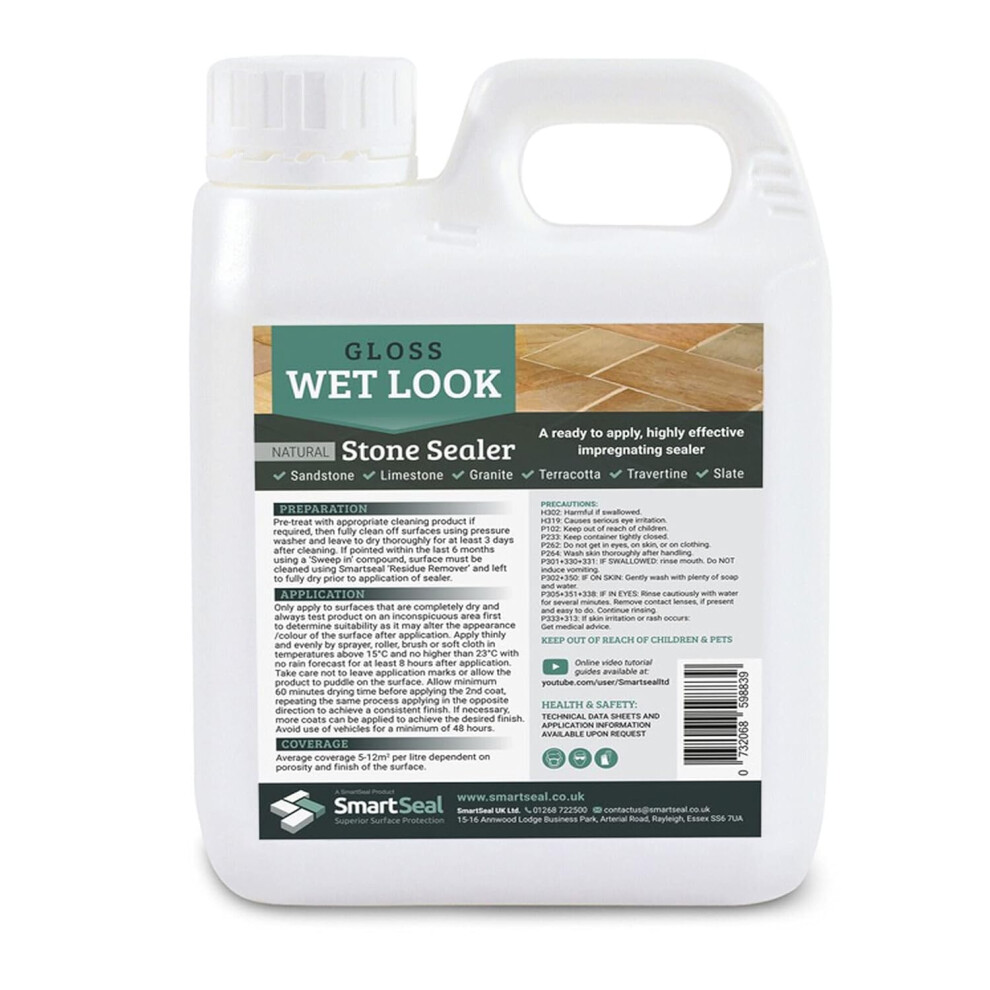 (1 Litre) Smartseal Natural Stone Sealer - Wet Look Finish - Professional Grade, Easy To Apply Sealer - Durable Gloss Sealer for Sandstone, Limestone & Slate