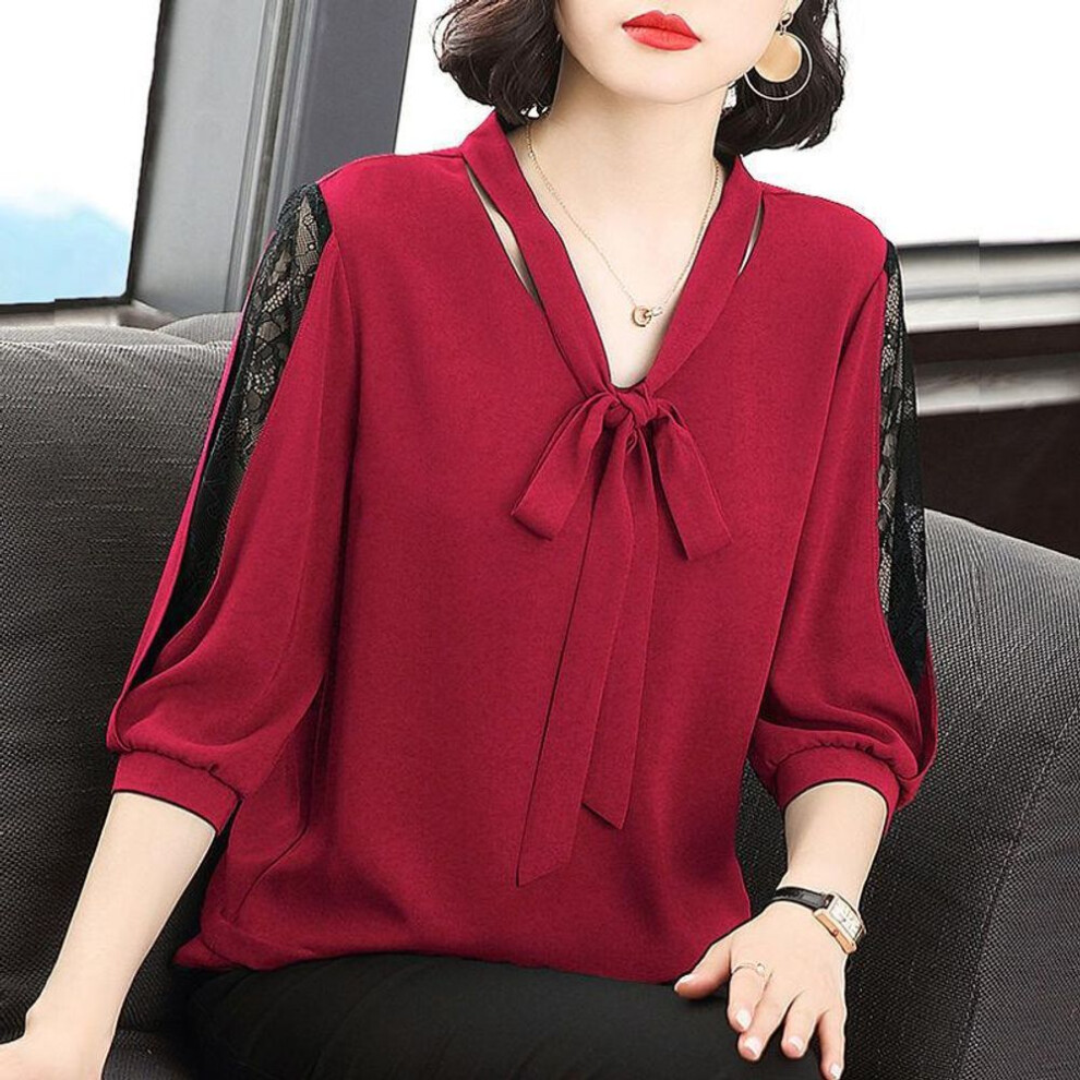 (burgundy, 6XL) Chiffon Short Sleeved Large Size Women&apos;s Spring And Summer Loose Shirt Small Shirt