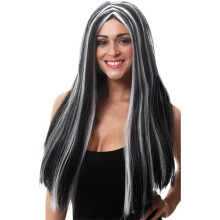 Erwachsene Damen Schwarz & Weiß Streak Zwei-Ton-Halloween Fancy Dress Lange Hexe Perücke