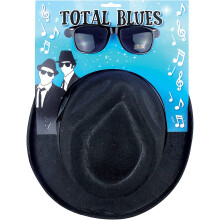 Blues Brothers Hut &amp; Brillen Set Sonnenbrille Total Blues Fancy Dress