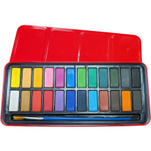 Artist Watercolour Paint Set: 24 Ready-to-Use Colour Blocks, Includes Brush, Red Metal Tin (7370)