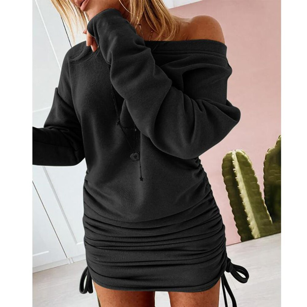 (black, XL) Women&apos;s Fashion Casual Loose Dress  Long Sleeve Solid Color Drawstring Strappy Dress