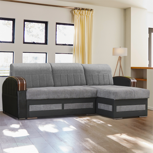 (Grey, Right Corner) Kevin Fabric Ottoman Storage Corner Sofa Bed