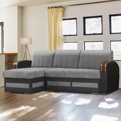 (Grey, Left Corner) Kevin Fabric Ottoman Storage Corner Sofa Bed