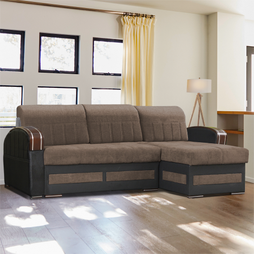 (Brown, Right Corner) Kevin Fabric Ottoman Storage Corner Sofa Bed