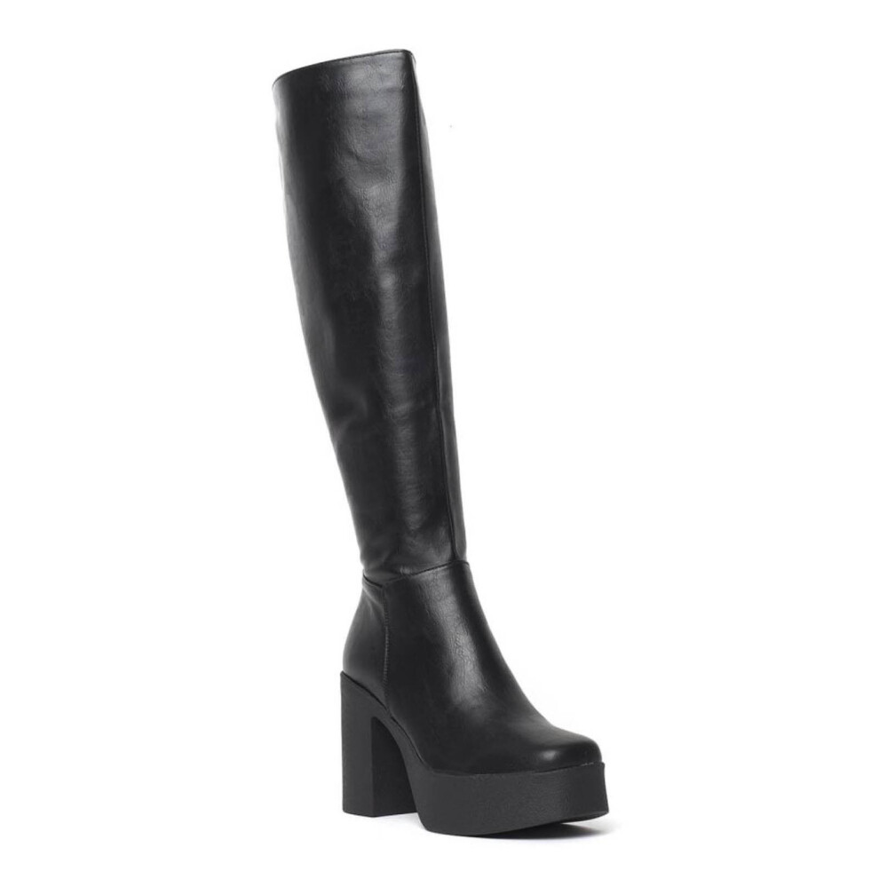(UK5, Black) Lamoda Slick Nicks Wide Calf Knee High Platform Boots