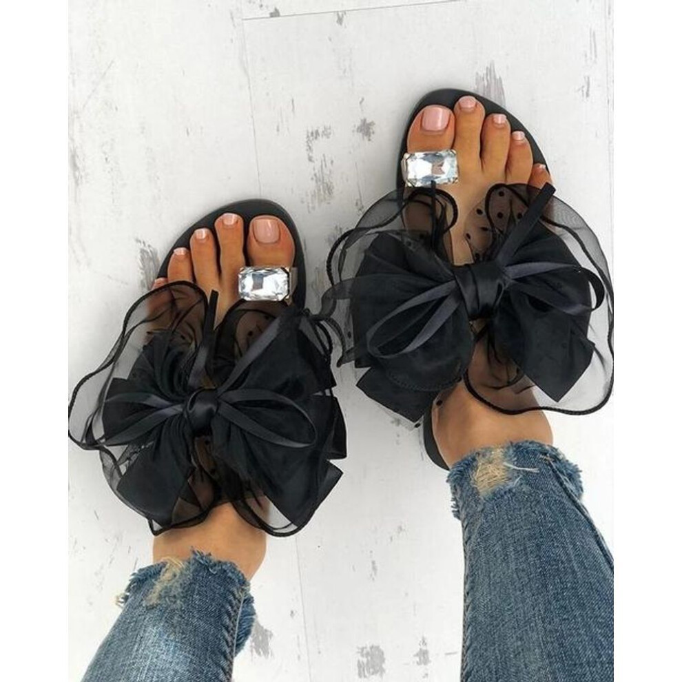 (black, 42) Luxury Celebrities Slippers Women Larger Rhinestone Ring Toe Cute Polka Dot Bow -tie Flats Flip Flops Indoor Shoes Ladies Sexy