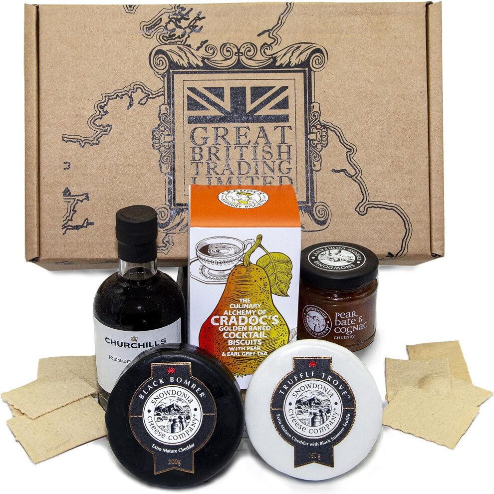 Luxury Cheese and Port Hamper with 2x Snowdonia Cheese Truckles & Chutney, Churchills Port & Cradocs Pear Crackers - From Great British Trading