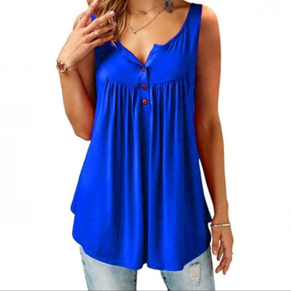 (blue, 5XL) Plus Size Casual Sleeveless Tops Sexy Deep V-neck Halter Button Blouse Ladies Swing Flowy Vest