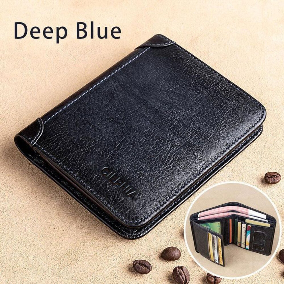 (navy blue) Genuine Leather Rfid Wallets For Men Vintage Thin Short Multi Function Id Credit Card Holder Money Bag