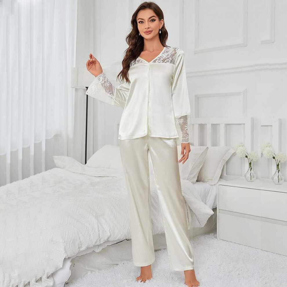(white, XL) Women's Pajamas Imitation Silk 2 Pieces Sleeping Suits Lace Gauze Sleeves V Neck Shirts Long Pants Luxury Satin Night Sleep Lounge Wear