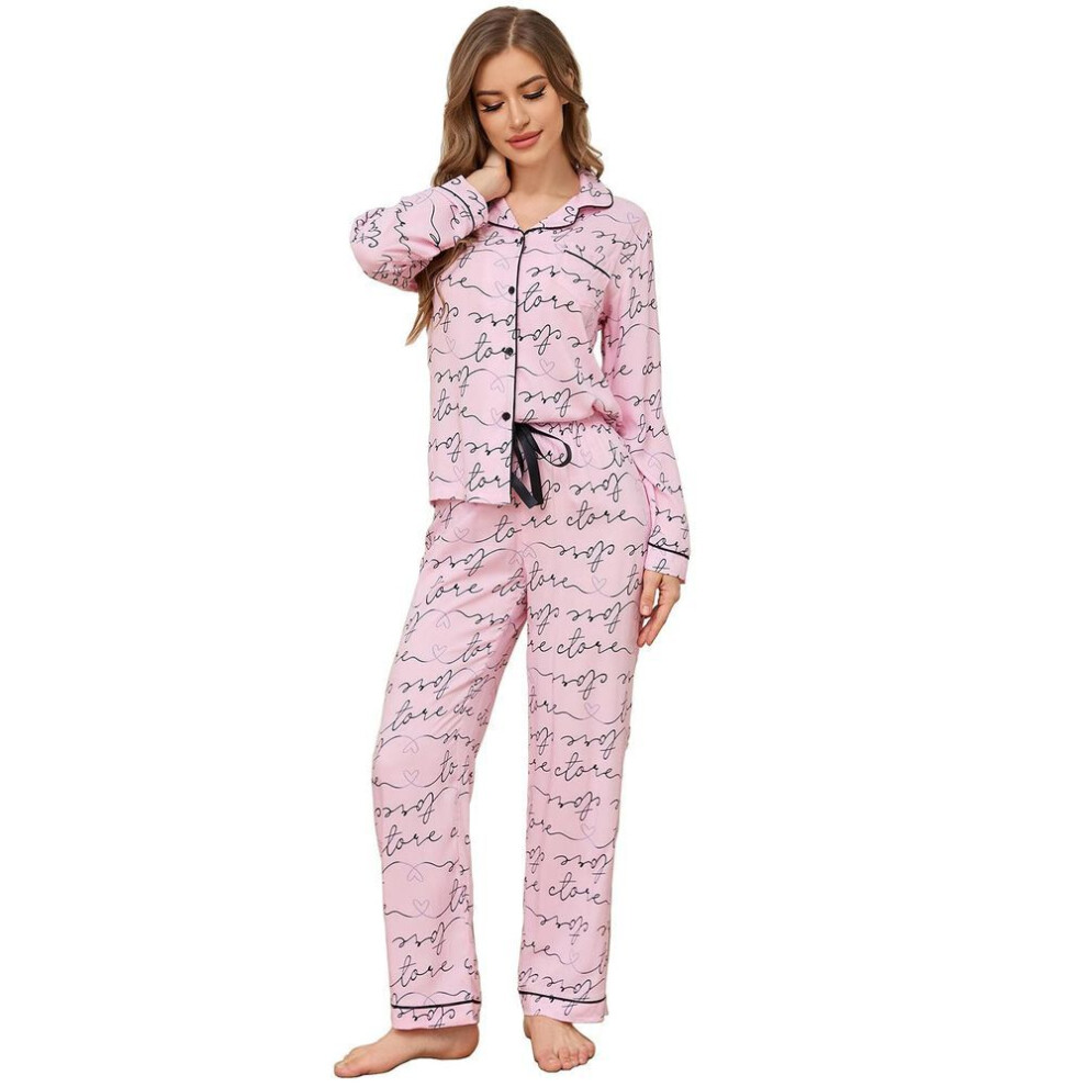(pink, XL) Women's Sleeping Suits Pajamas Bright Deer Rayon Letter Printed Shirt And Pants Pink Black Sleep Lounge Wear Autumn Home Clothing