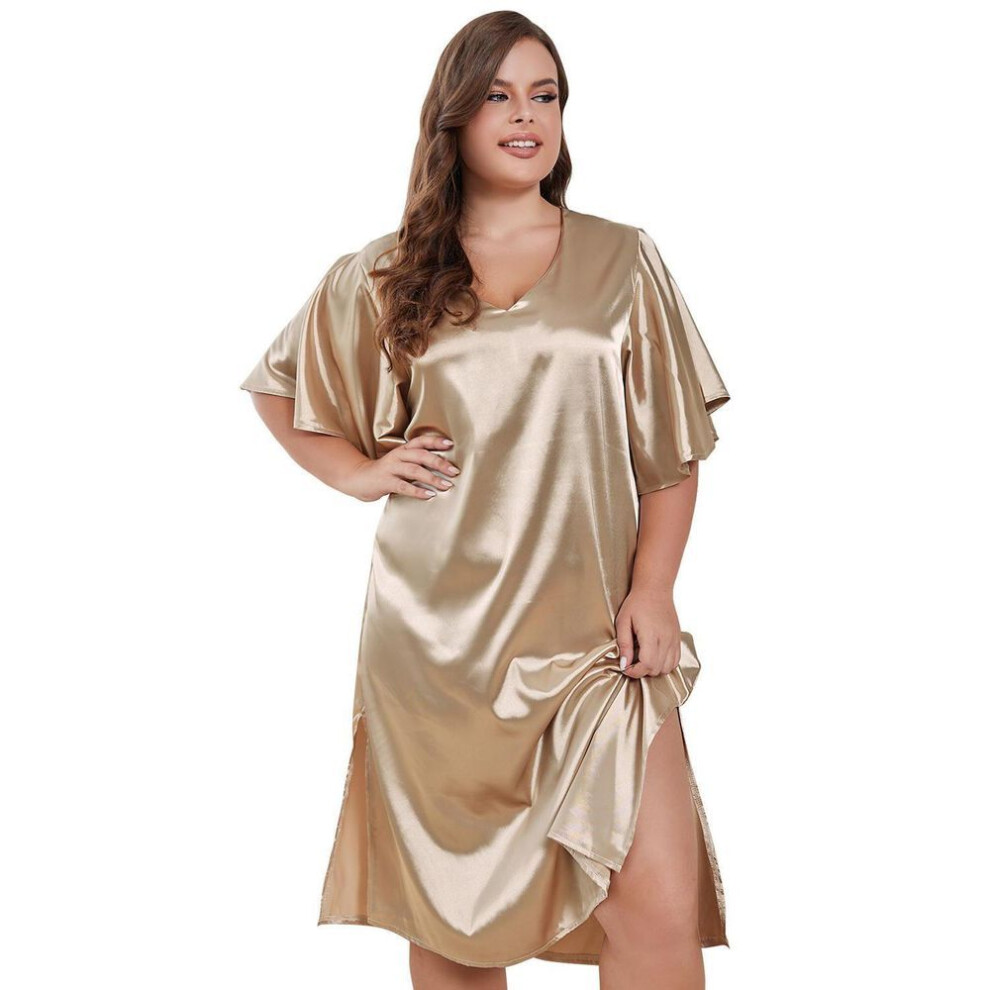 (golden, 4XL) Women's Oversized Nightgowns Simulation Silk Plus Size Sleepshirts Short Sleeves Satin Sleep Lounge Wear Large Pajamas Dresses 1xl-4xl Home Clothing