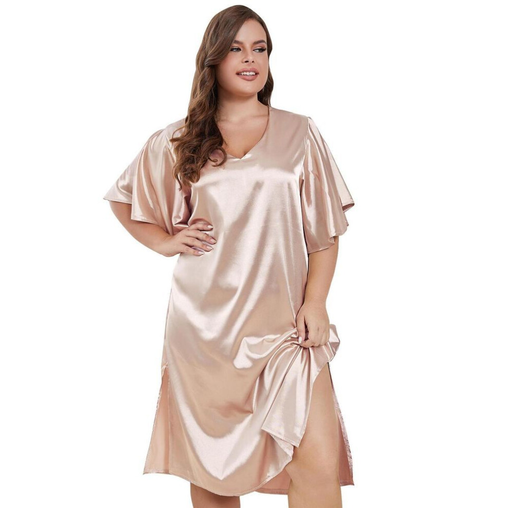 (pink, 4XL) Women's Oversized Nightgowns Simulation Silk Plus Size Sleepshirts Short Sleeves Satin Sleep Lounge Wear Large Pajamas Dresses 1xl-4xl Home Clothing