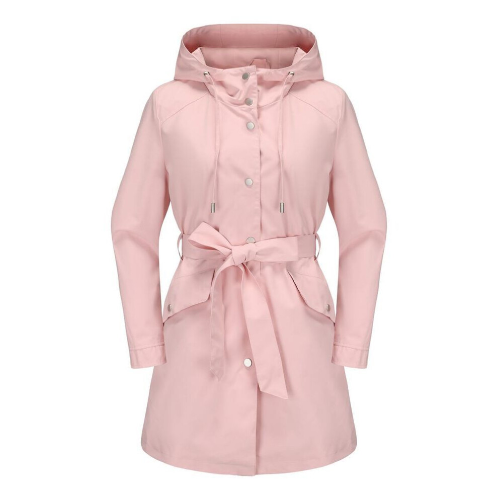 (pink, S) Women's Hooded Windcheaters Polyester Waterproof Trench Coat Thin Loose Belt Button Up Windbreaker Spring Autumn Outdoor Wear Long Jackets