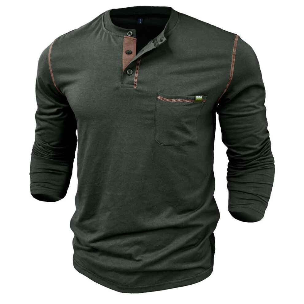 (dark grey, XL) Men’s Long Sleeves Henley Shirts Cotton Pullovers Color Matching Knitted T-shirt Buttons Round Neck Breast-pocket Tops Stylish Daily Casual Menswear
