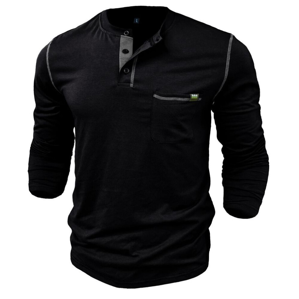 (black, L) Men’s Long Sleeves Henley Shirts Cotton Pullovers Color Matching Knitted T-shirt Buttons Round Neck Breast-pocket Tops Stylish Daily Casual Menswear