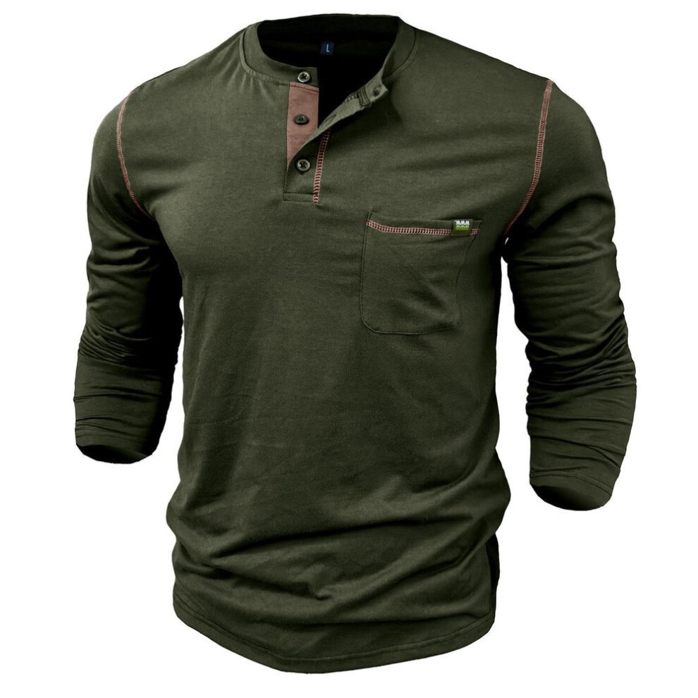 (dark green, S) Men's Long Sleeves Henley Shirts Cotton Pullovers Color Matching Knitted T-shirt Buttons Round Neck Breast-pocket Tops Stylish Daily Casual Menswear