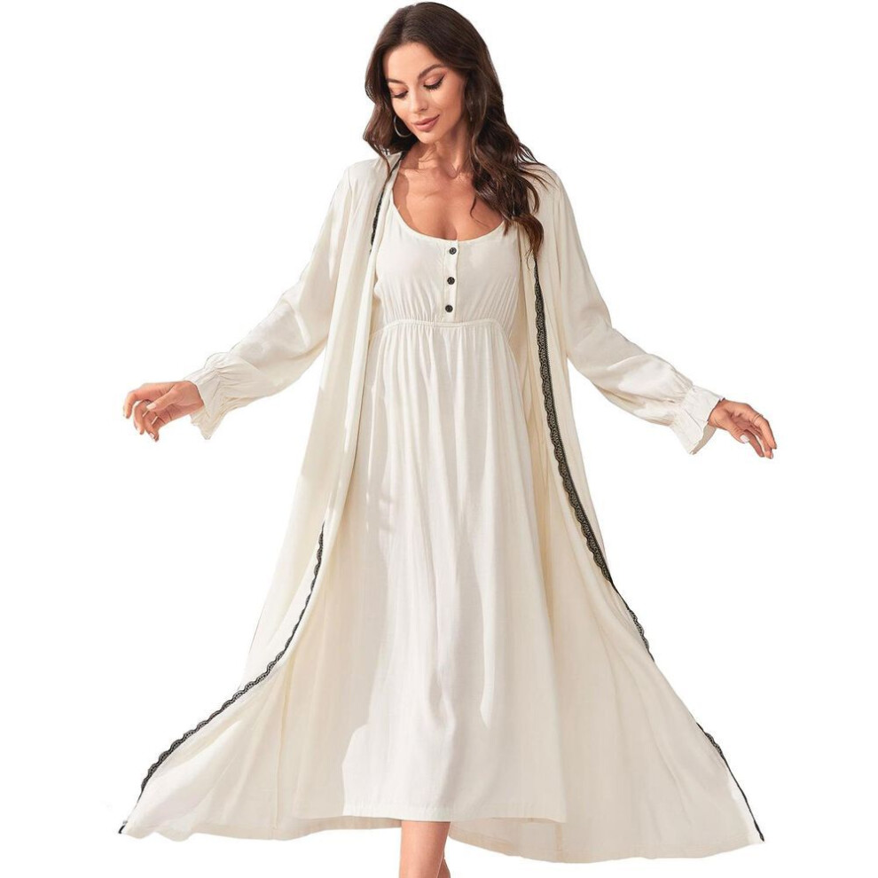 (beige, XL) Women's Nightgown Night-robe 2 Piece Set Pajamas Sling Nightdress Lace Trim Long Sleeves Robe Home Casual After Bathing Wear Sleep Lounge