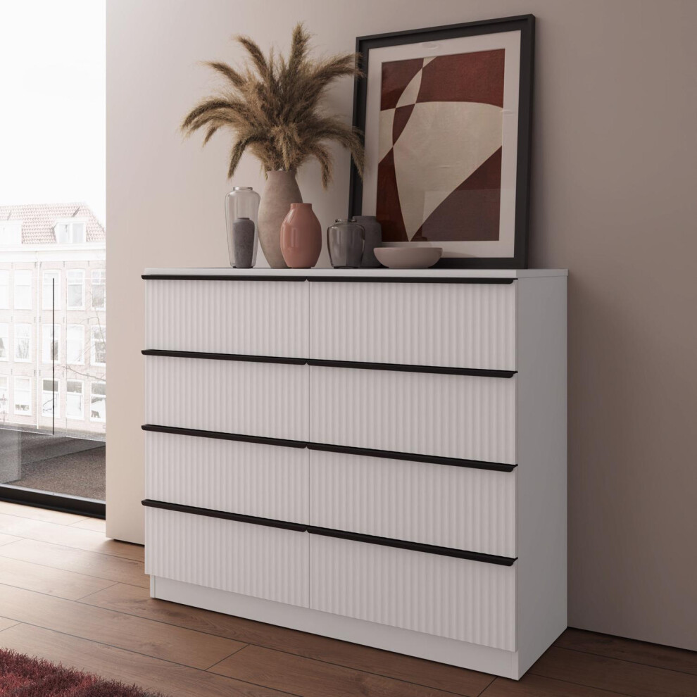 8 Drawer Chest of Drawers White Scratch Resistant Ripple Effect Finish
