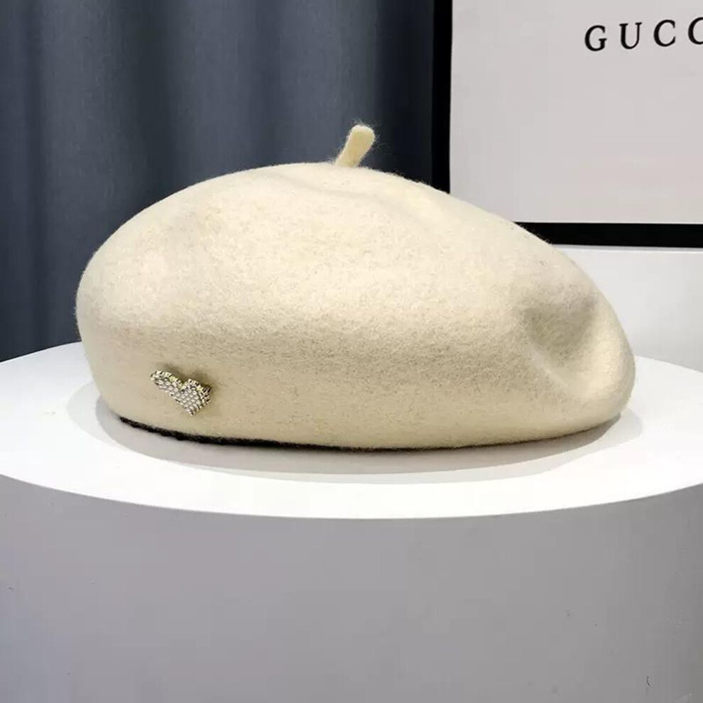 (beige, One Size) Love Heart Wool Beret Korean Fashion Women Beanie Hat High Quality Female Autumn Winter Face Little Artist Painter Hat