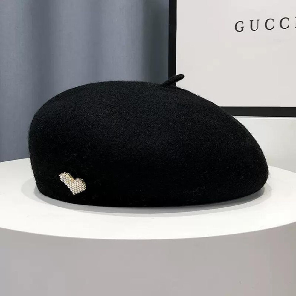 (black, One Size) Love Heart Wool Beret Korean Fashion Women Beanie Hat High Quality Female Autumn Winter Face Little Artist Painter Hat
