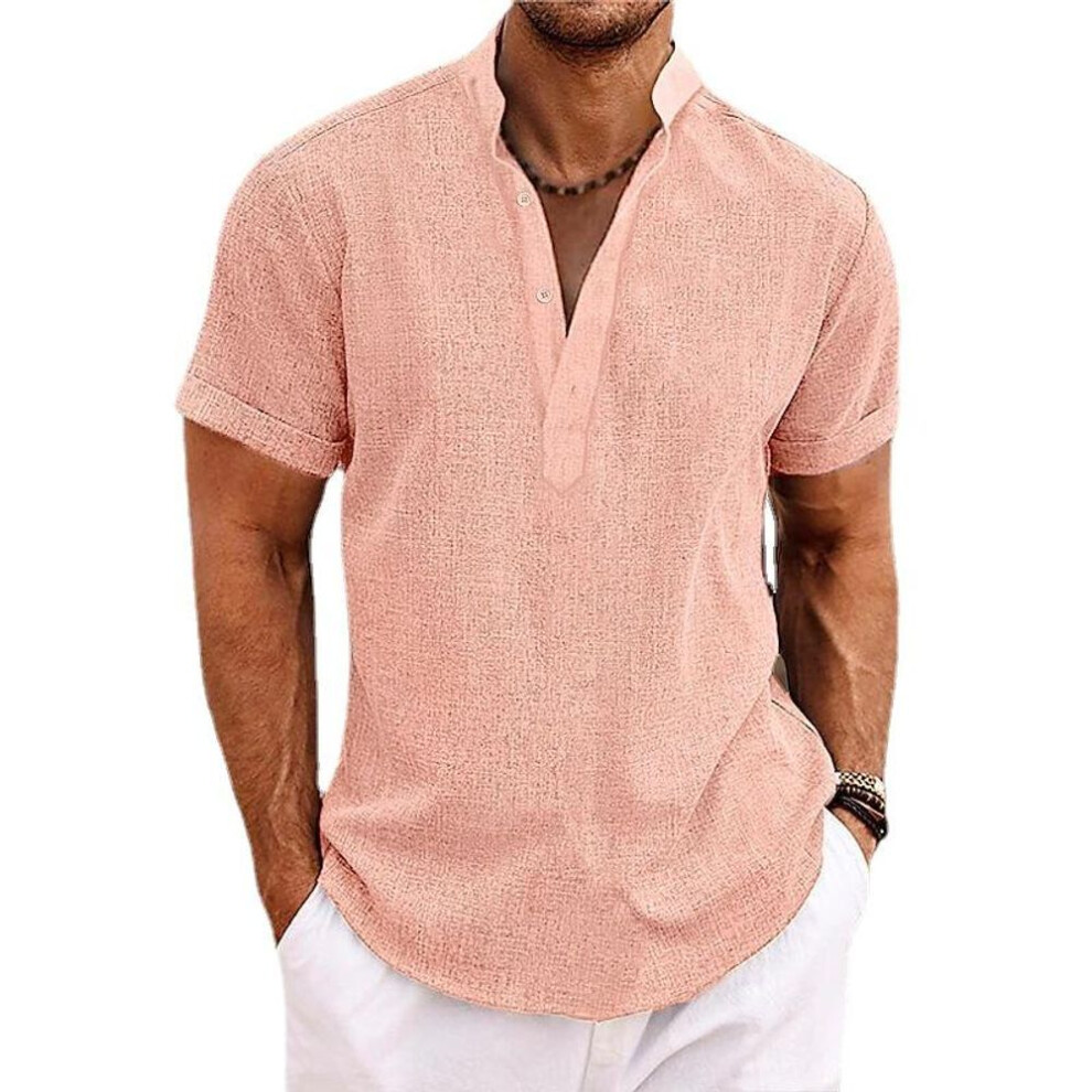(pink, 3XL) Men&apos;s Linen Shirts Short Sleeve Button Up Neck Stand Collar Casual Summer Home Daily Shirts