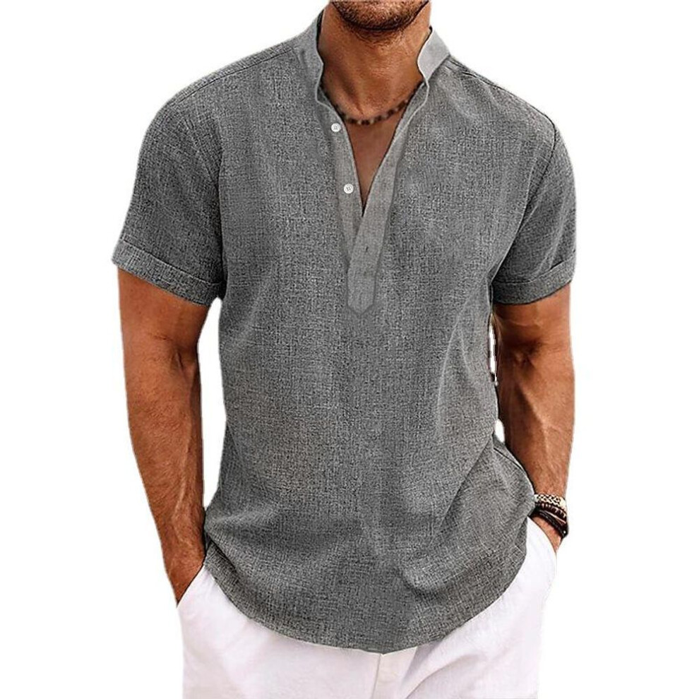 (gray, 3XL) Men&apos;s Linen Shirts Short Sleeve Button Up Neck Stand Collar Casual Summer Home Daily Shirts
