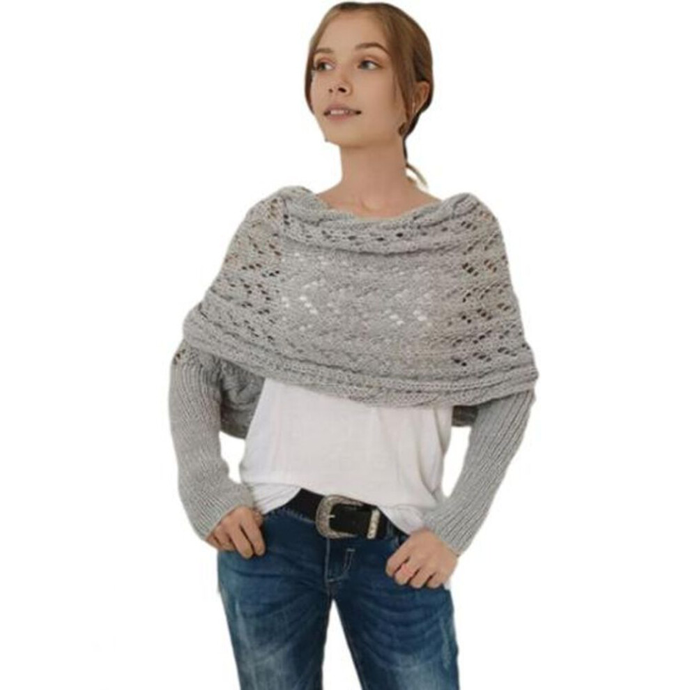 (light grey) Knitted Cable Wrap Scarf With Sleeves Soft Bohemian Style Shawl Scarf Hollow Crochet Pattern Cross Wrap Scarf Sweater Wrap