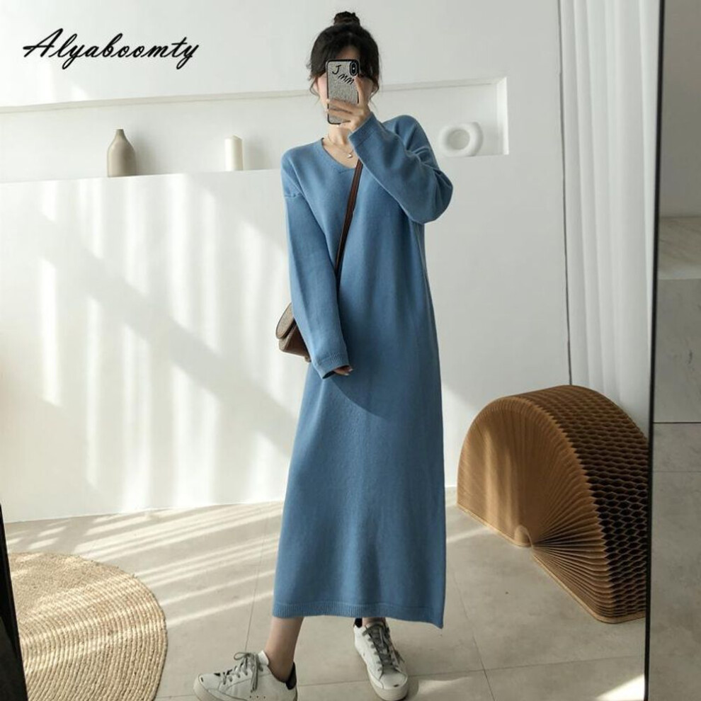 (blue, XL) Plus Size Autumn Winter Women Sweater Midi Dress Black Apricot Coffee Blue Knitting Baggy Dress Oversized Warm Knit Ladies Dress