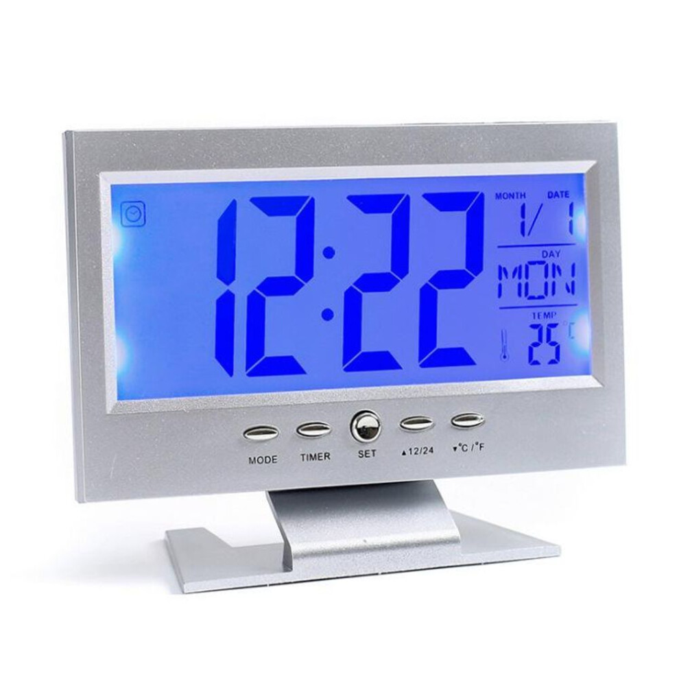 (silver) Lcd Large Screen Voice Control Electronic Table Clock Mute Night Light Snooze Student Backlight Alarm Clock Temperature Calendar Display Desk Clock