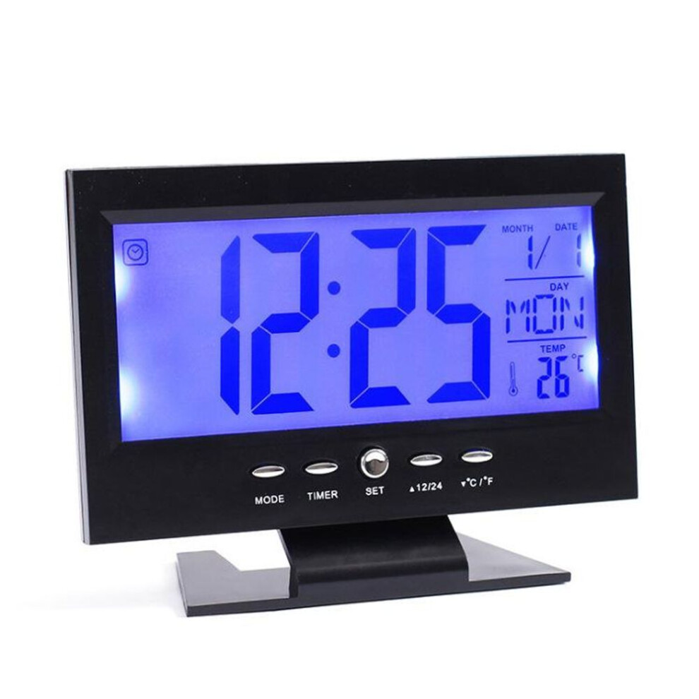 (black) Lcd Large Screen Voice Control Electronic Table Clock Mute Night Light Snooze Student Backlight Alarm Clock Temperature Calendar Display Desk Clock